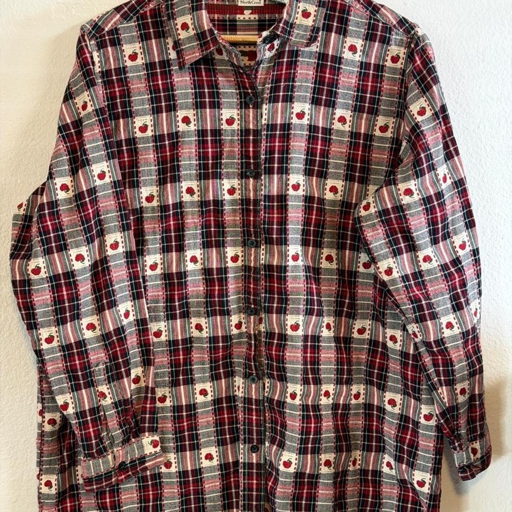 VTG 90s Grannycore North Crest Gingham Red Apple Flannel Button Down Size 2X